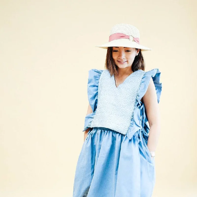 Imeless Style The Ruffled Bib Chambray in Light Blue Binetwagan