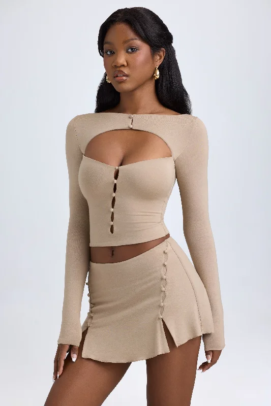 Vintage Style Deals Modal Cut-Out Button-Detail Top in Taupe