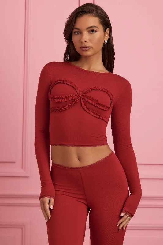 Sleek Style Discounts Lace-Trim Appliqué Pyjama Top in Ruby Red