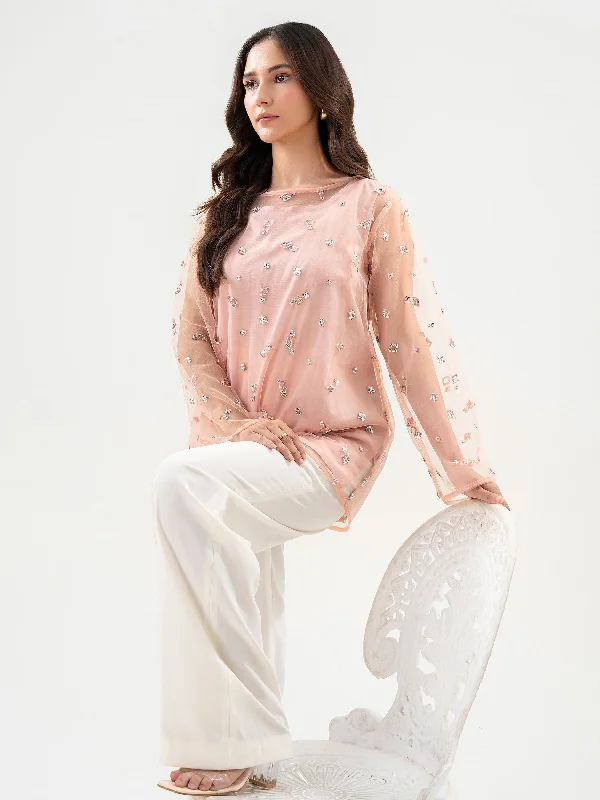 High-End Style Discounts Embroidered Net Top