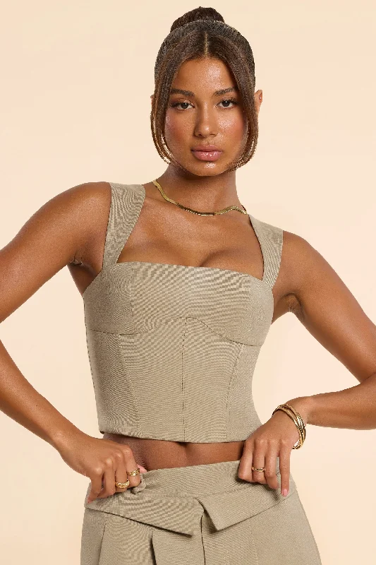 Trendy Women's Wear Collection Brushed Twill Square Neck Tailored Top in Taupe