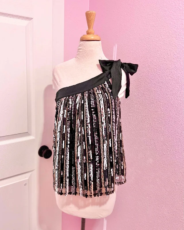 Budget Friendly Black Sequin One Shoulder Tie Detail Top