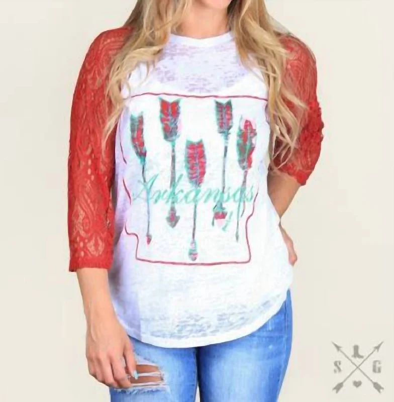 Season Sale Arkansas Pride With Red Lace Raglan Sleeve Top In White