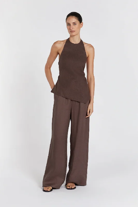 Discount Extravaganza SERENA CHOC LINEN ASYM HALTER TOP