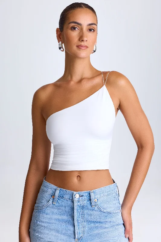 Crazy Price Slashing One-Shoulder Lace-Up Top in White