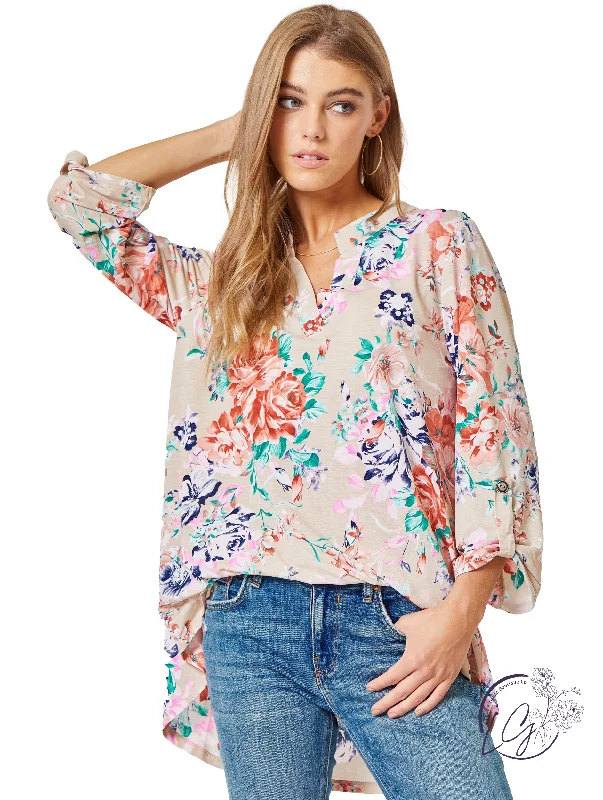 Urban Fashion Beige Floral Lizzy 3/4 Sleeve Top