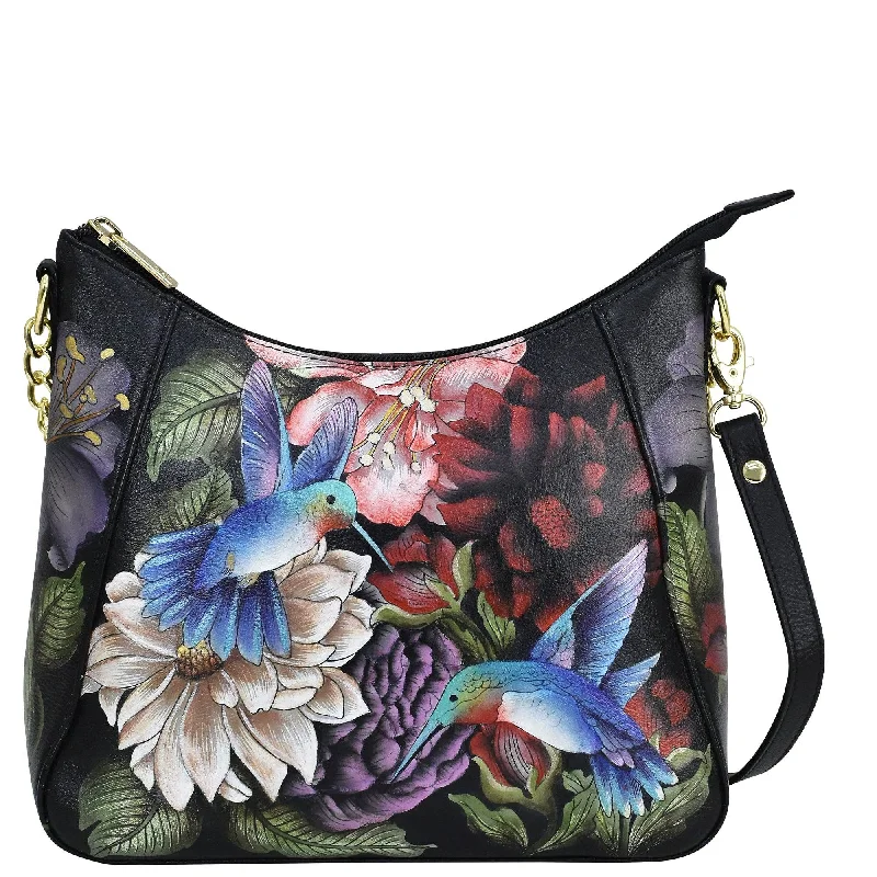 Statement Fashion Offers Hand Painted Hummingbirds Zip-Top Shoulder Hobo - 709