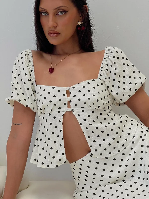 Latest Fashion Passionfruit Linen Blend Top Cream/Black Polka Dot