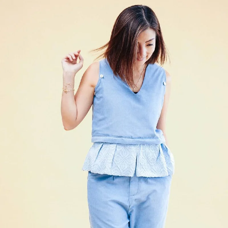 Fall Sale, Prices Drop The 12-Way Peplum Top Chambray in Light Blue Binetwagan