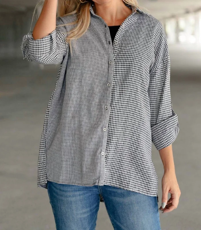 Smart Casual Deals Mixed Houndstooth Button Up Top In Grey