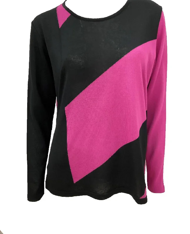 Cozy Comfort Style Sale 3/4 Sleeve Abstract Crew Top In Black/magenta