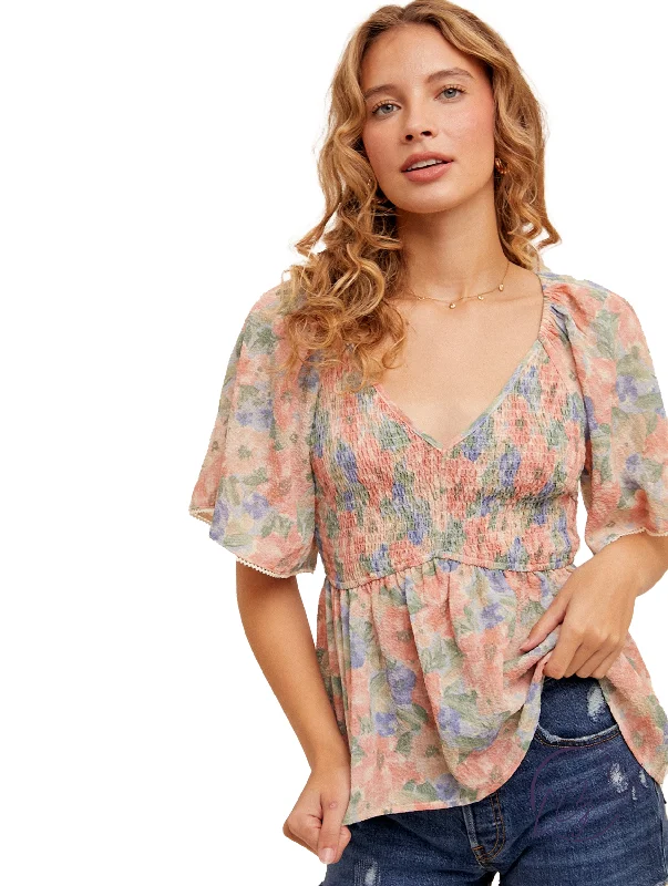 Hot Deals Boho Blossom Flutter Sleeve Peplum Top