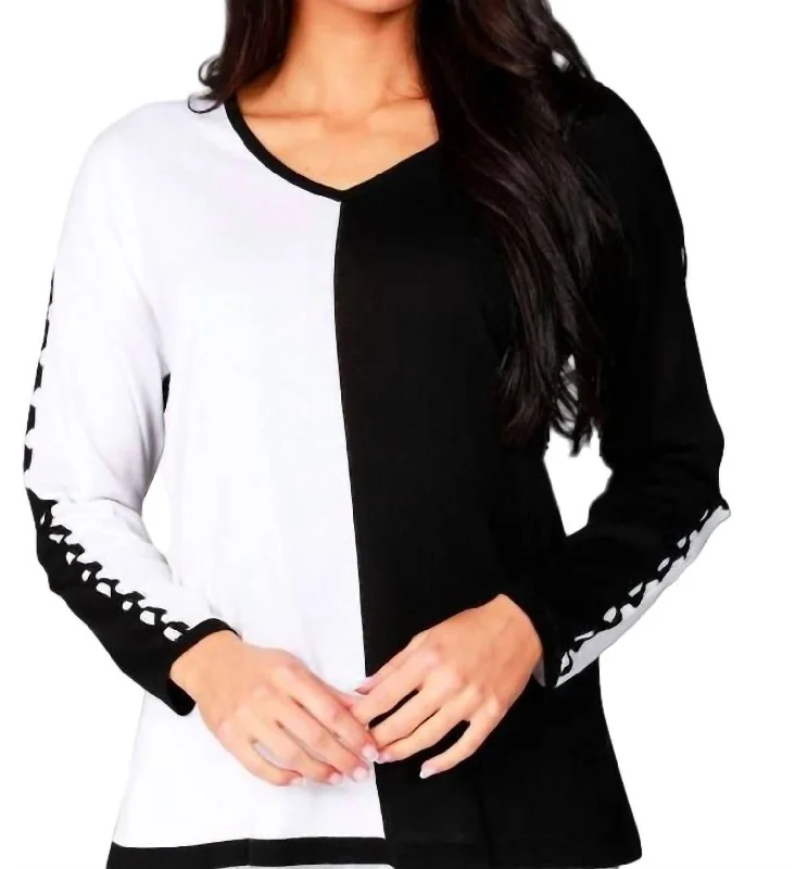 Budget Friendly Color Block V-Neck With Detail Sleeve In Black/white