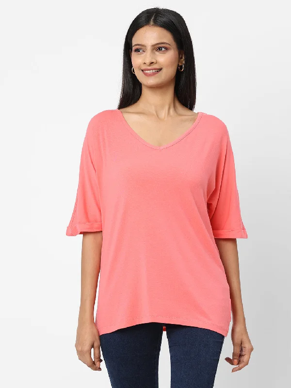 Women's Clothes For The Office Womens Pink Cotton Bamboo Elastane Loose Fit Tshirt