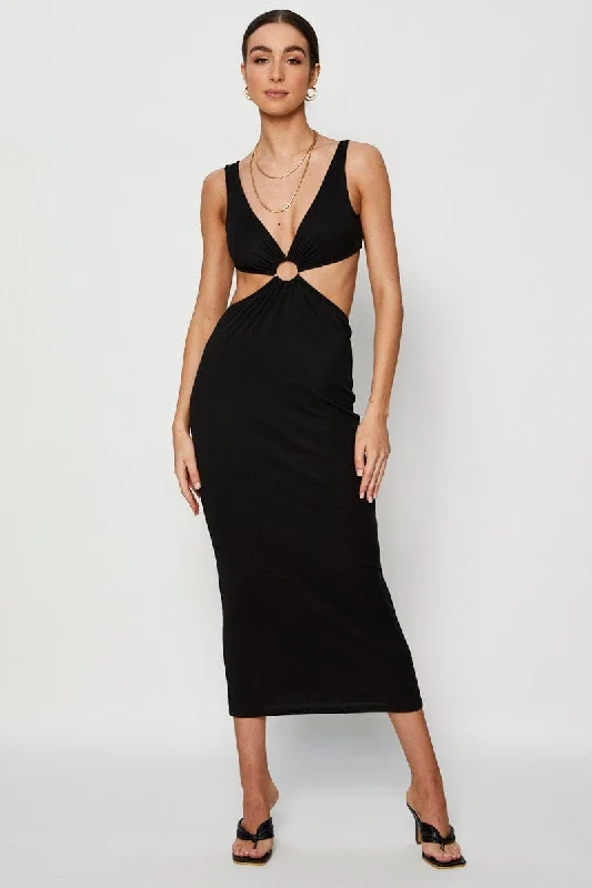 Women's Night-Out Clothes Black Midi Dress Ribbed Cut Out