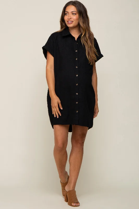 Women's Clothes For Work Black Ribbed Button Down Maternity Mini Dress