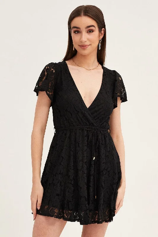 Women's Chic Outerwear Garments Black Short Sleeve Lace Wrap Front Skater Dress