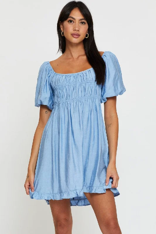 Women's Urban Clothing Blue Mini Dress Short Sleeve Evening