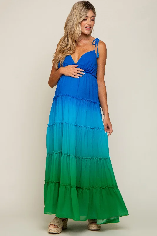 Women's Fashionable Attire For Work Blue Ombre Chiffon Shoulder Tie Tiered Maternity Maxi Dress