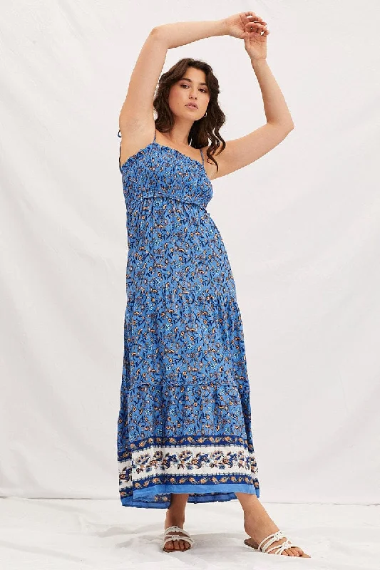 Tailored Clothing For Women Boho Print Shirring Bust Maxi Dress