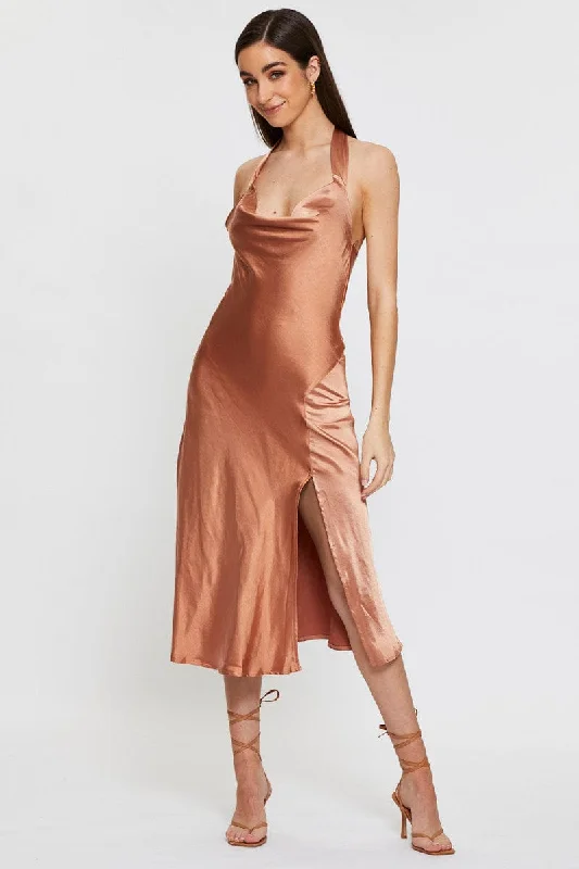 Women's Stylish Professional Apparel Brown Slip Dress Midi Satin