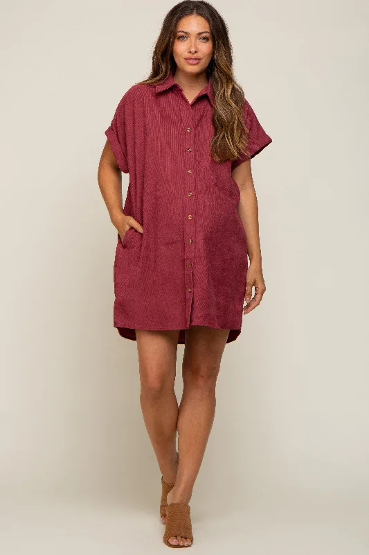 Fashionable Women's Clothing Burgundy Ribbed Button Down Maternity Mini Dress