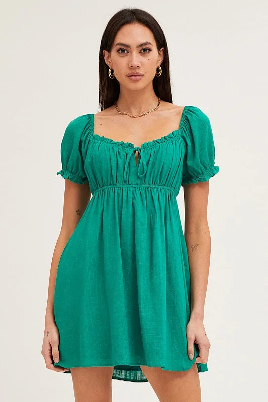 Women's Activewear Attire Green Gathered Bust Puff Sleeve Skater Dress