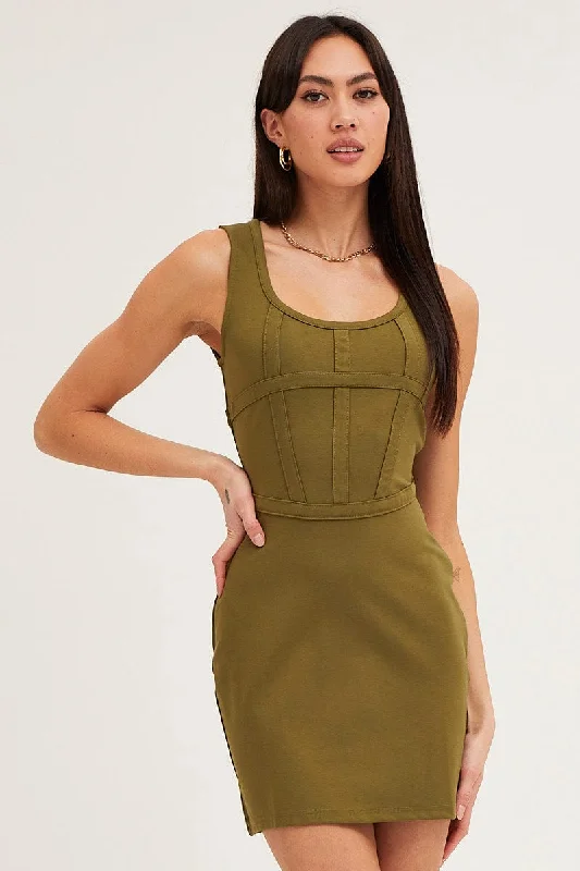 Women's Occasion Wear Clothes Green Mini Dress Sleeveless Corset Detail Bodycon