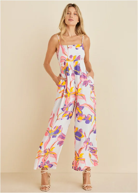 Women's Athleisure Apparel Square Neck Printed Jumpsuit  - White Multi