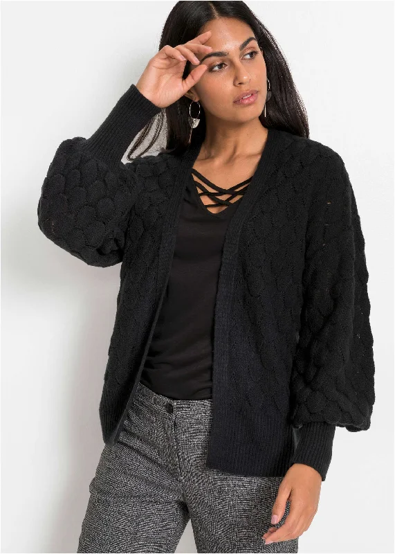 Women's Trendy Activewear Apparel Balloon Sleeve Cardigan - Black