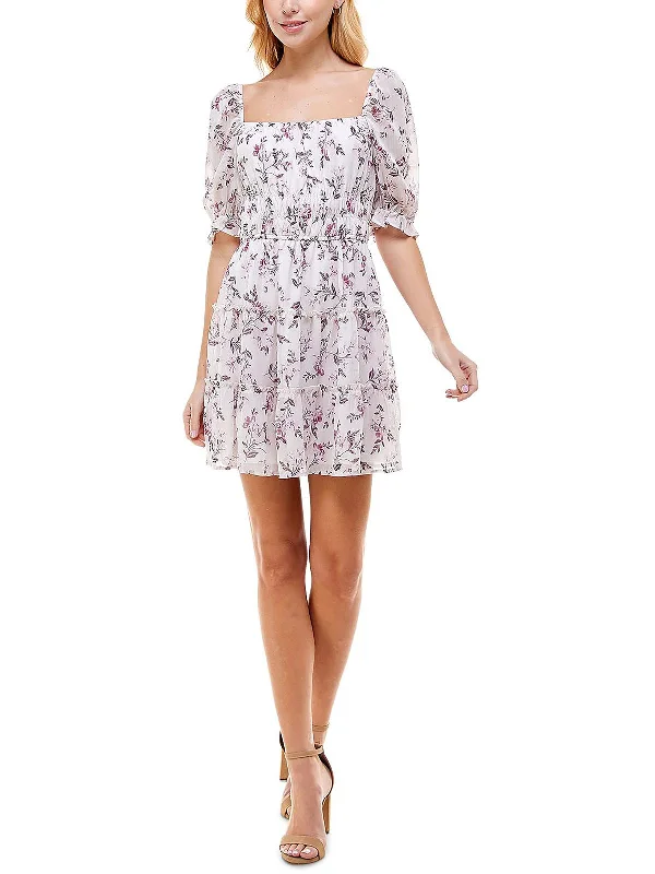 Women's Active Clothing Juniors Womens Floral Print Ruffled Mini Dress