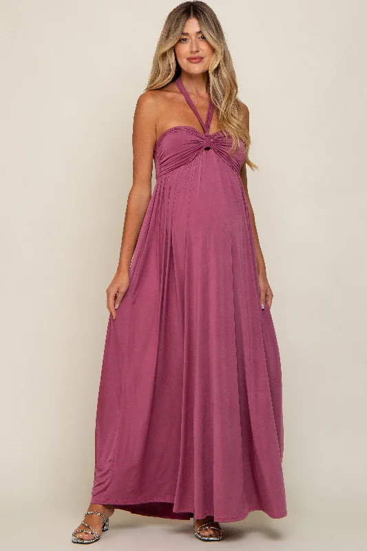 Women's Fashion Clothes Mauve Front Knot Halter Maternity Maxi Dress