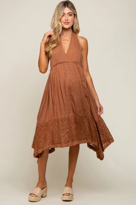 Casual Chic Women's Clothes Mocha Lace Accent Halter Maternity Midi Dress