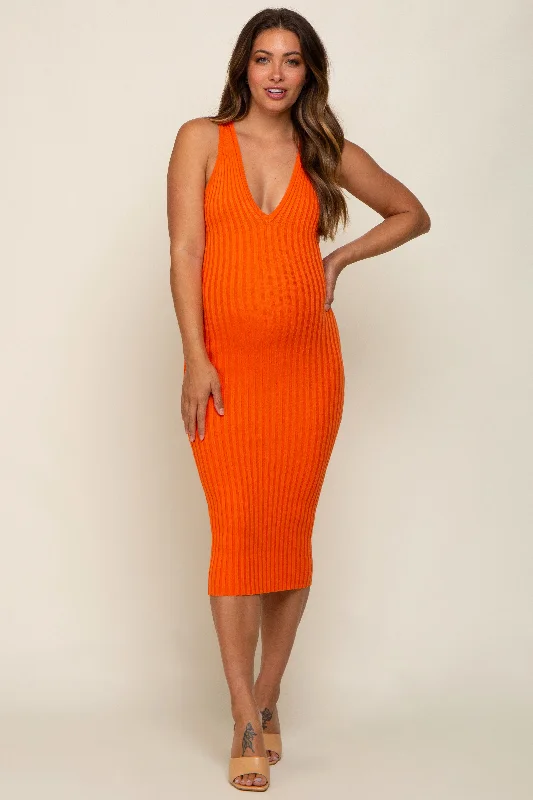 Women's Tailored Outfit Orange Ribbed Knit Fitted V-Neck Maternity Midi Dress