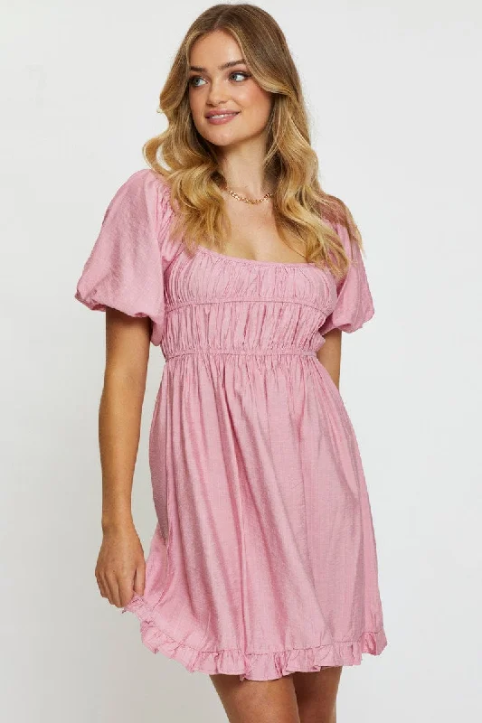 Sustainable Fashion Clothing For Women Pink Mini Dress Short Sleeve Evening