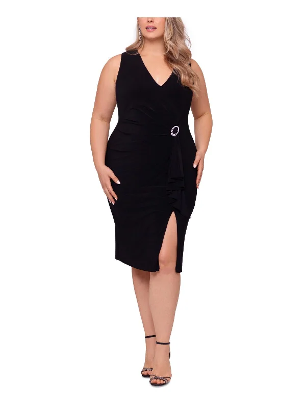 Women's Vacation Clothes Plus Womens Rhinestone-Pin V-Neck Midi Sheath Dress