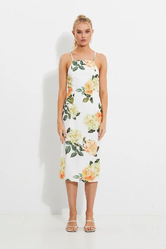 Formal Attire For Women Print Designer Yellow Rose Racer Neck Slip Midi Dress