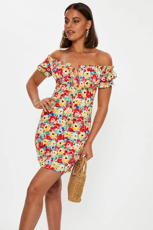 Comfortable Women's Attire Print Off Shoulder Bustier Mini Dress