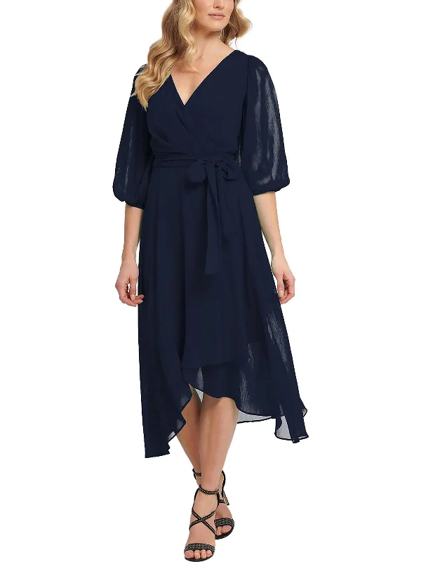 Stylish Women's Garments For Holidays Womens Chiffon Faux-Wrap Midi Dress