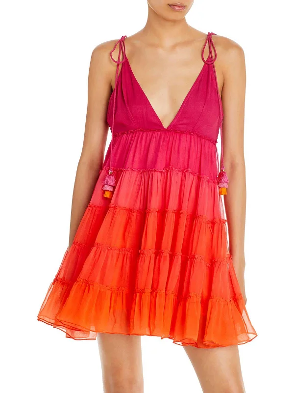 Women's Elegant Evening Attire Womens Tiered Pom-Pom Fit & Flare Dress