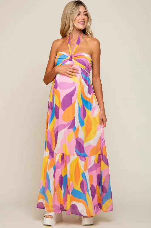 Affordable Luxury Women's Garments Yellow Printed Halter Maternity Maxi Dress