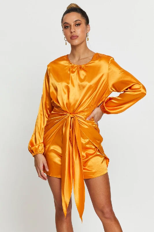 Women's Fashion-Forward Apparel Yellow Wrap Dress Mini Satin