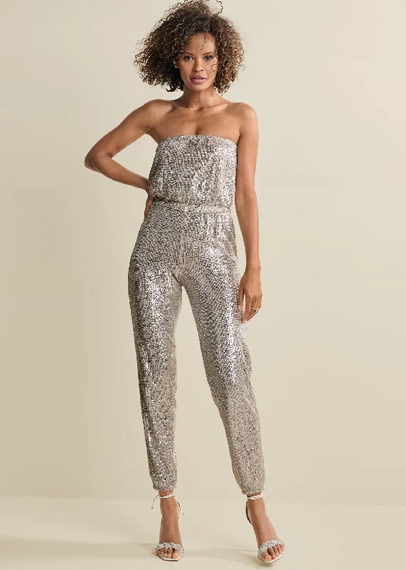 Women's Functional Outdoor Garments Strapless Sequin Jumpsuit - Champagne