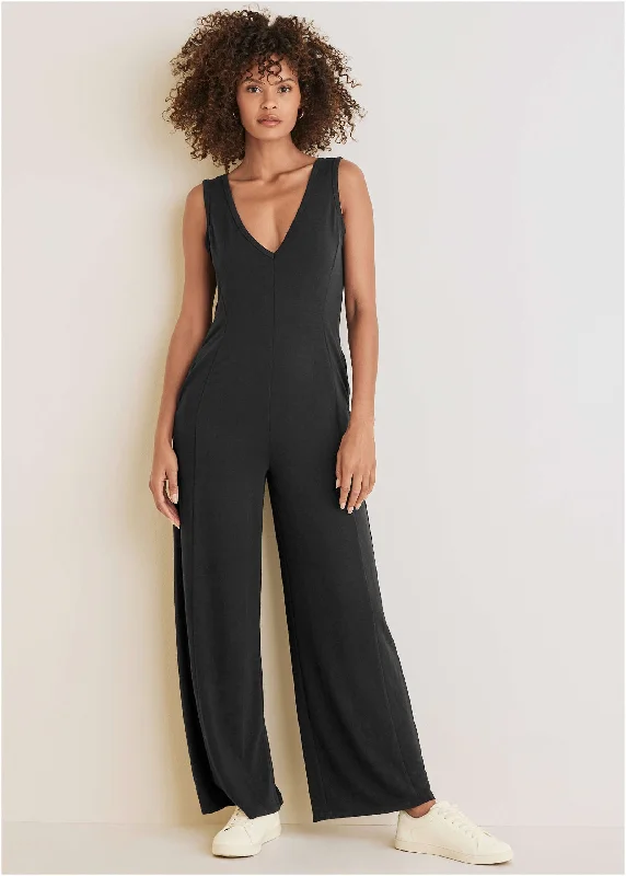 Women's Outerwear Garments Relaxed V-Neck Jumpsuit - Black