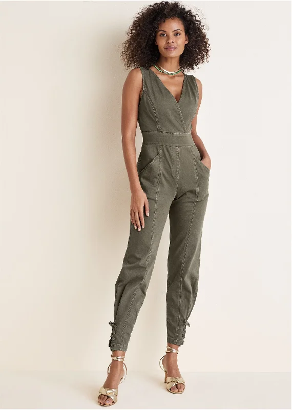 Women's Urban Clothing Twill Utility Jumpsuit - Olive