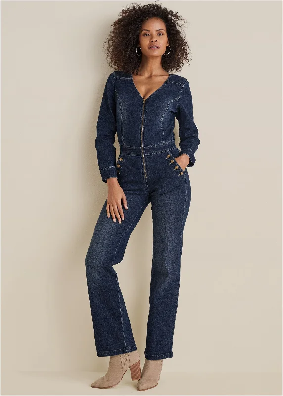 Women's Clothing For Travel Zip Front Denim Jumpsuit - Dark Wash