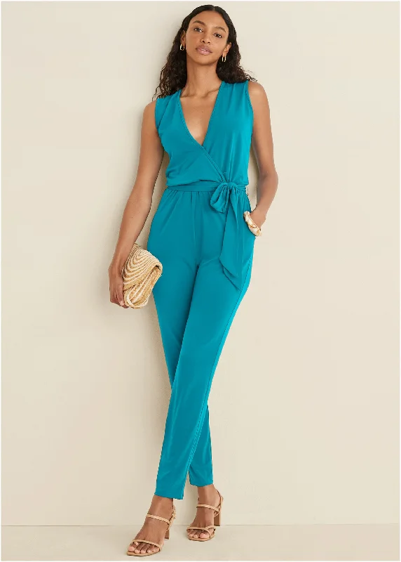 Casual Clothes For Women Wrap Tie Jumpsuit - Teal