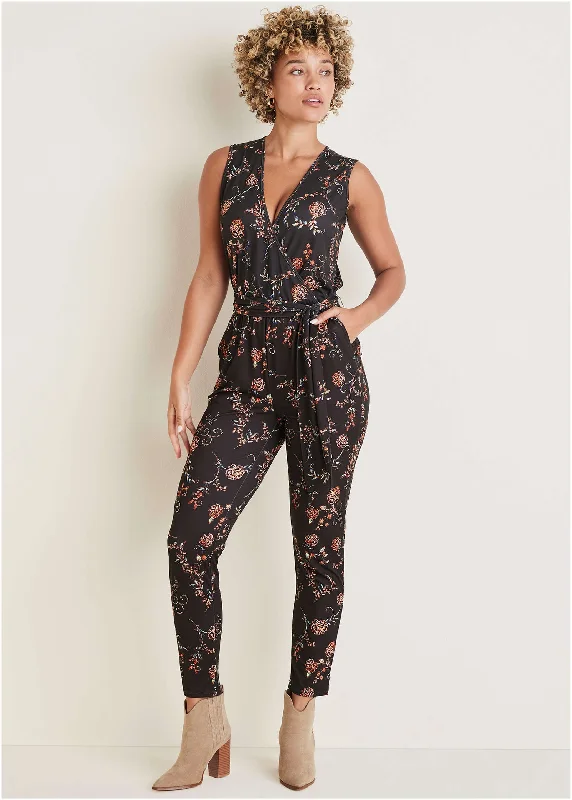 Women's Clothing Wrap Tie Jumpsuit - Gothic Roses