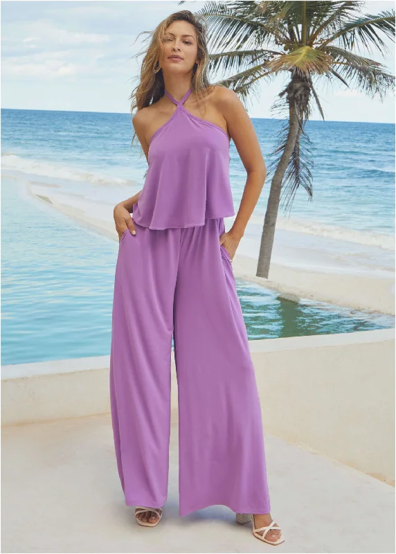 Women's Stylish Casual Garments Cross Neck Jumpsuit - Purple