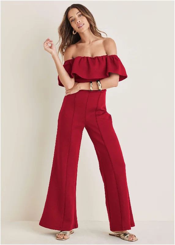 Women's Date Night Outfit Off The Shoulder Jumpsuit - Haute Red